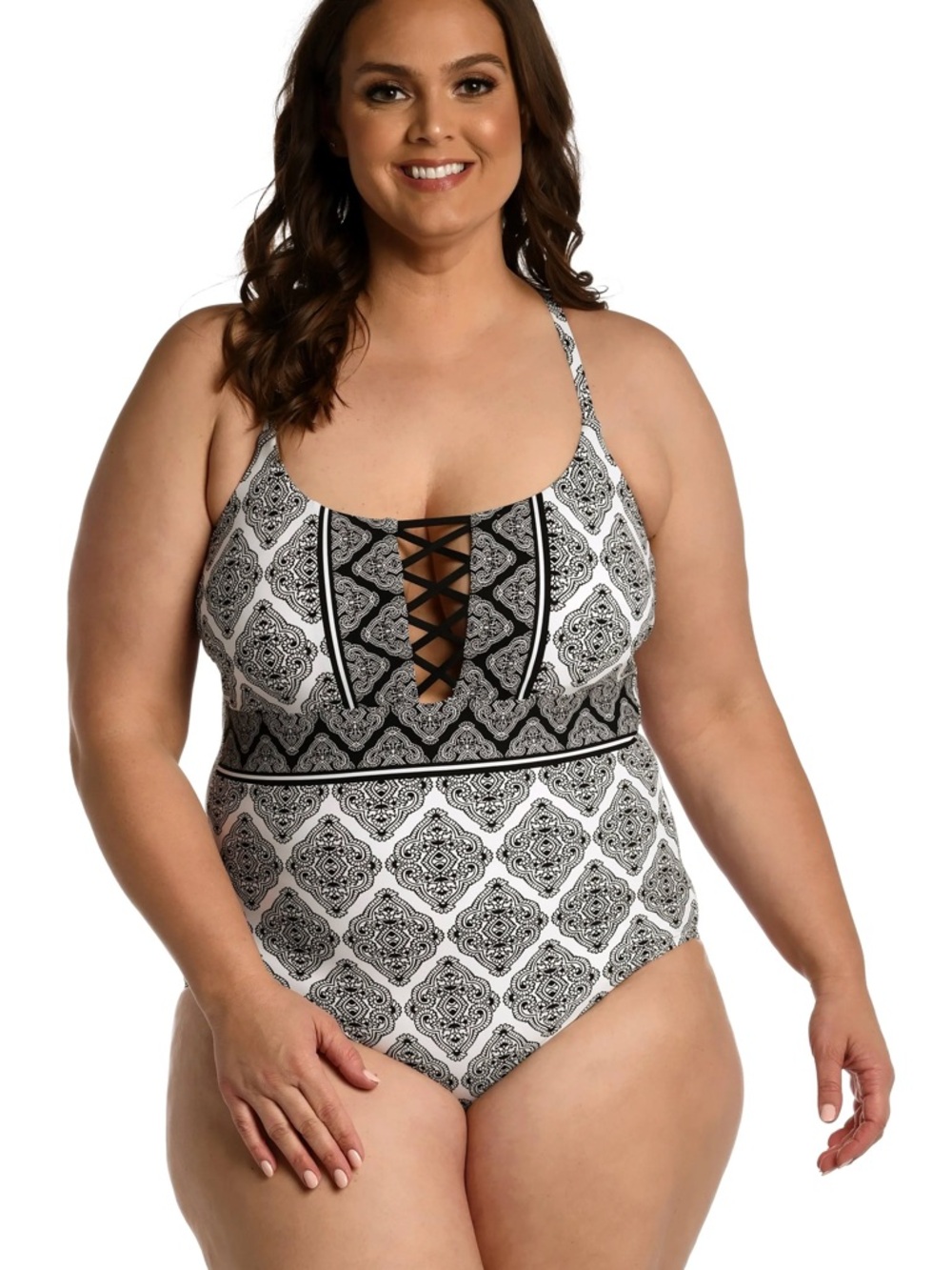 La Blanca Strappy Mio One Piece in Oasis Tile Black White 20W Plus
